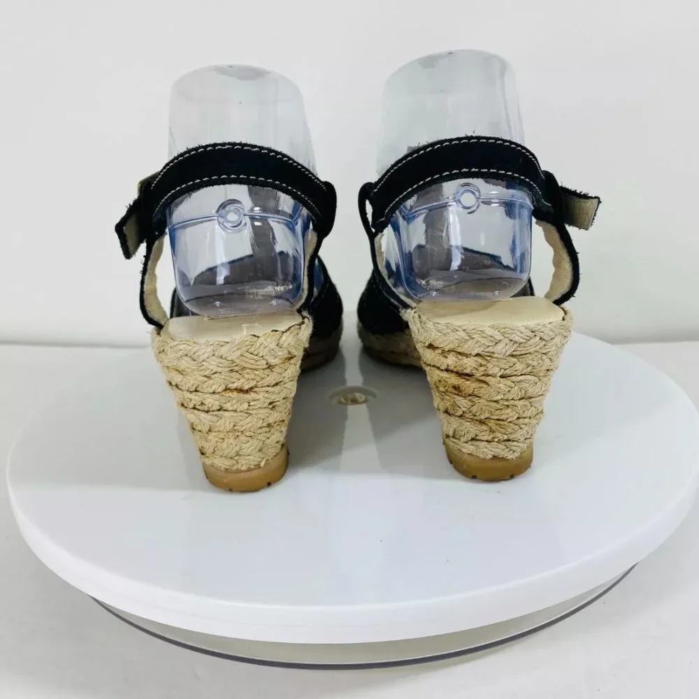 Andre Assous Espadrilles Leather Sandals Womens‎ 8 Black Wedge T-Strap Buckle